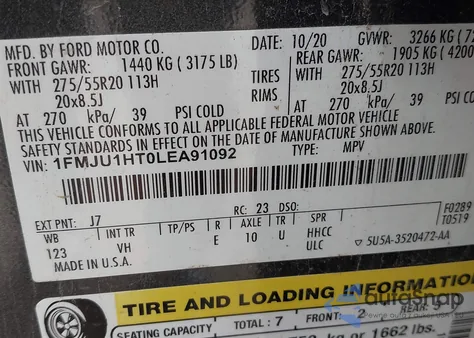 2020 Ford Expedition Xlt z USA, uszkodzony, nr VIN 1FMJU1HT0LEA91092